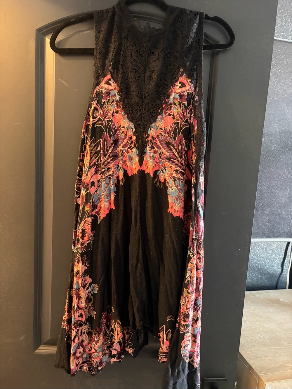 Free People Black Mini Dress with Multicolor Floral Embroidery